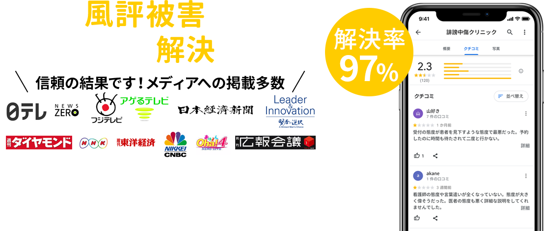 ネット上の風評被害でお困りの方へ その問題、私たちが解決します！ 解決率97%